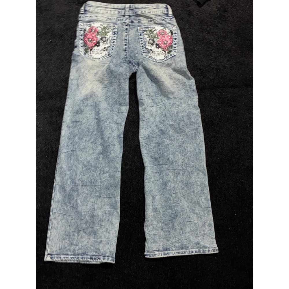 Telepatia Girls Acid Wash Jeans Skull Floral Embroidery Straight Leg Size 9